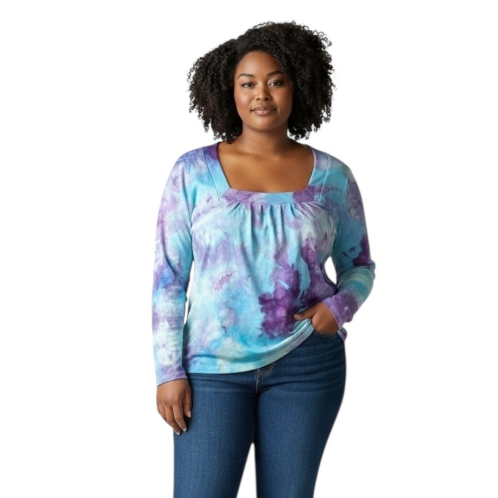 Croft & Barrow Size XL‎ Handmade Tie Dye Square Neck Long Sleeve Blue Purple 710